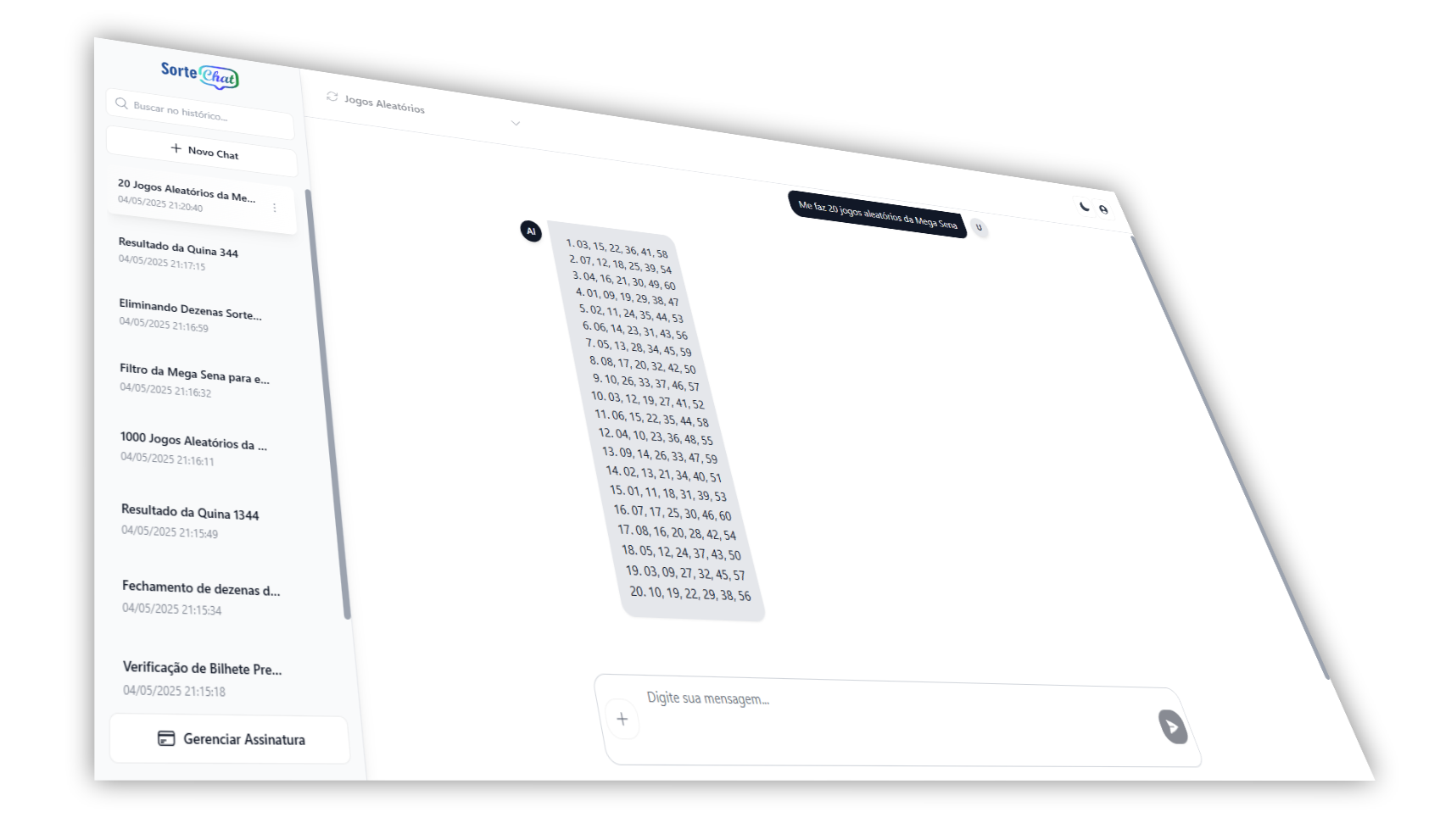 Interface do Sorte Chat - IA para análise de loterias via chat